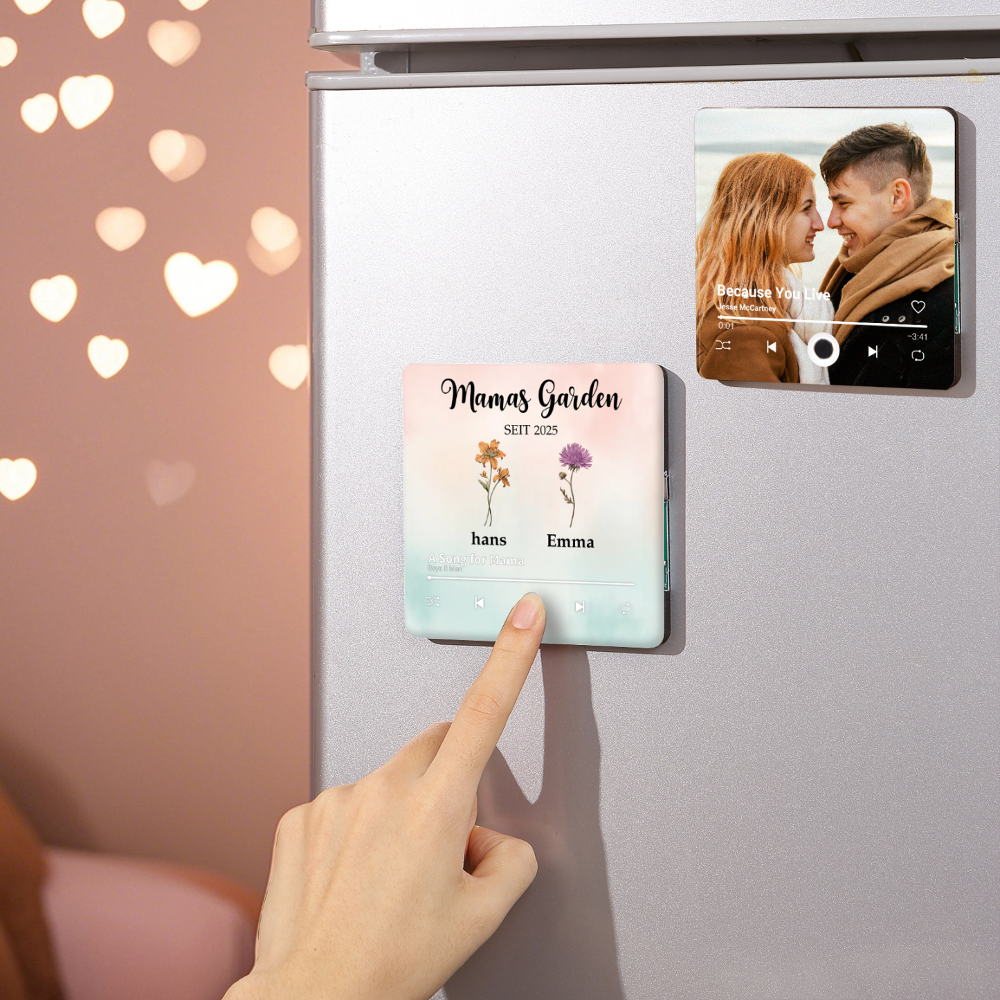 Personalisiertes Namen & Lied & Blumen farbige Acryl-Holz Kühlschrankmagnet mit Musikfunktion - Mamas Garten