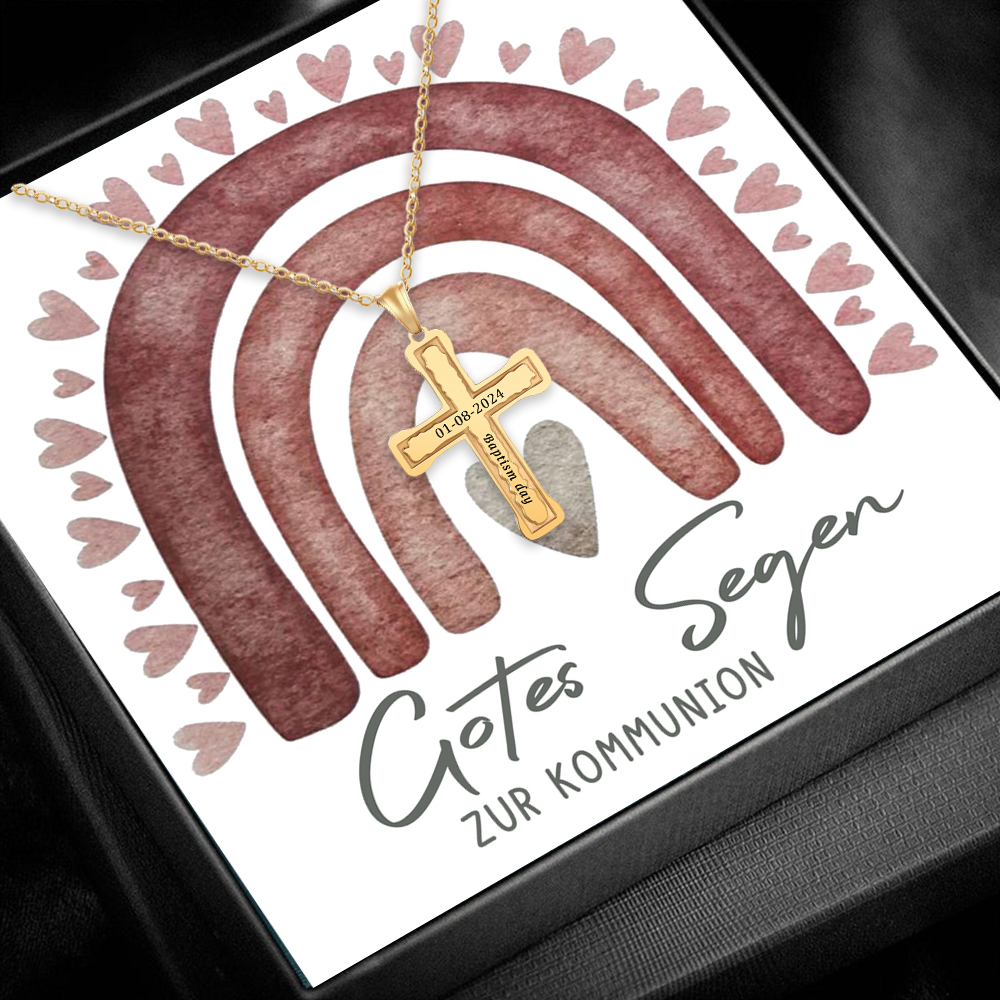 Personalisierter 1 Text & 1 Datum Kommunion Kreuz Golde Halskette- Gottes Segen zur Kommunion- Geschenk mit Nachrichtenkarte
