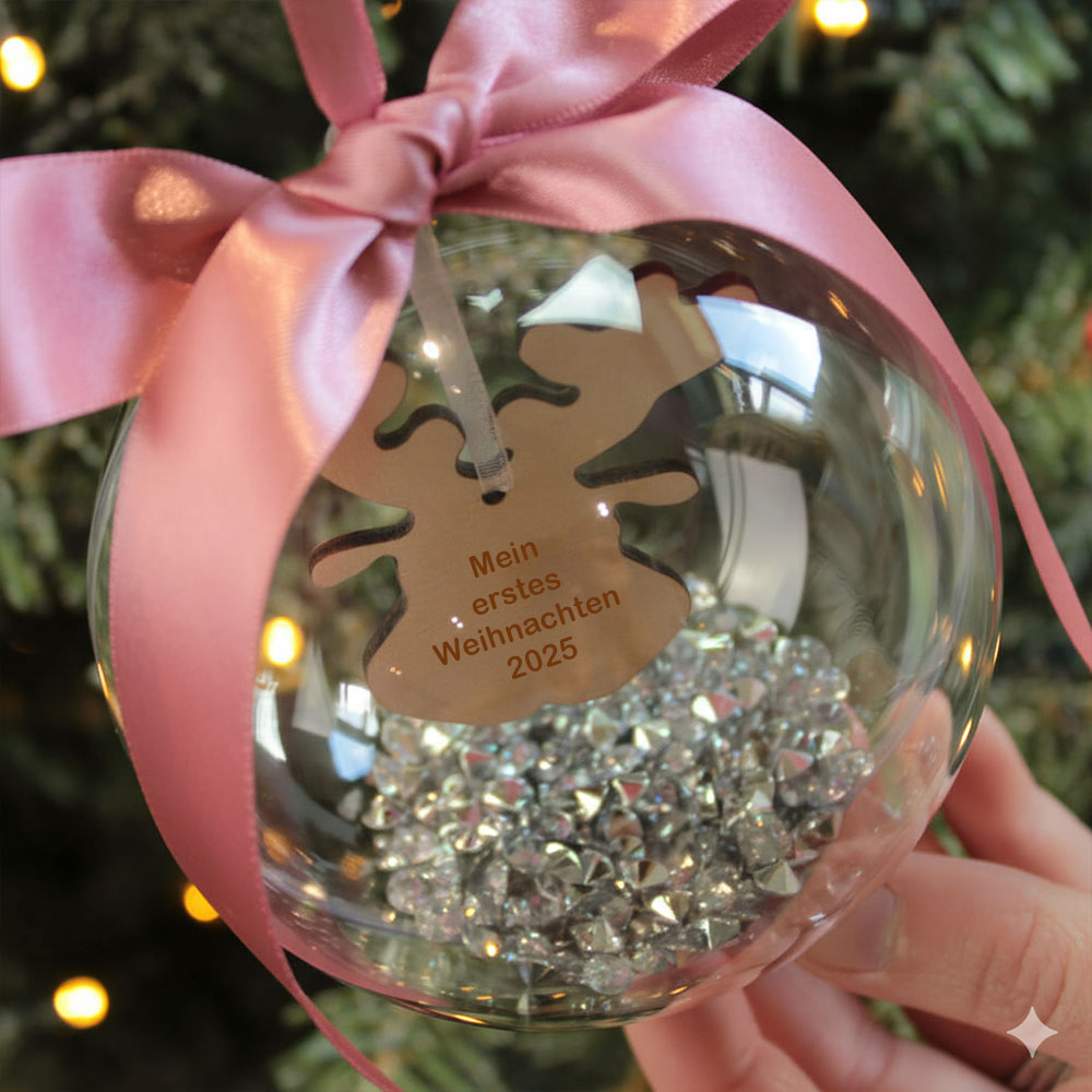 Personalisierte Weihnachtskugel mit Gravur – Rentier-Motiv, Satinschleife Christbaumanhänger