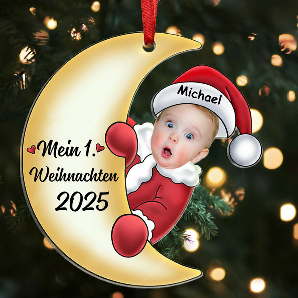 Acryl Weihnachtsornament - Personalisierter 1 Name & Foto & Jahr Baby auf dem Mond – Erster Weihnachten 2024 – Weihnachtsanhänger