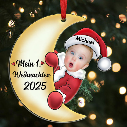 Acryl Weihnachtsornament - Personalisierter 1 Name & Foto & Jahr Baby auf dem Mond – Erster Weihnachten 2024 – Weihnachtsanhänger