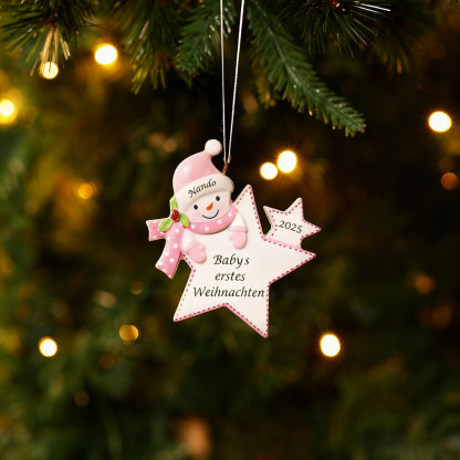 Personalisierter Stern-Weihnachtsanhänger mit Schneemannmotiv – Babys erstes Weihnachten, Christbaumschmuck
