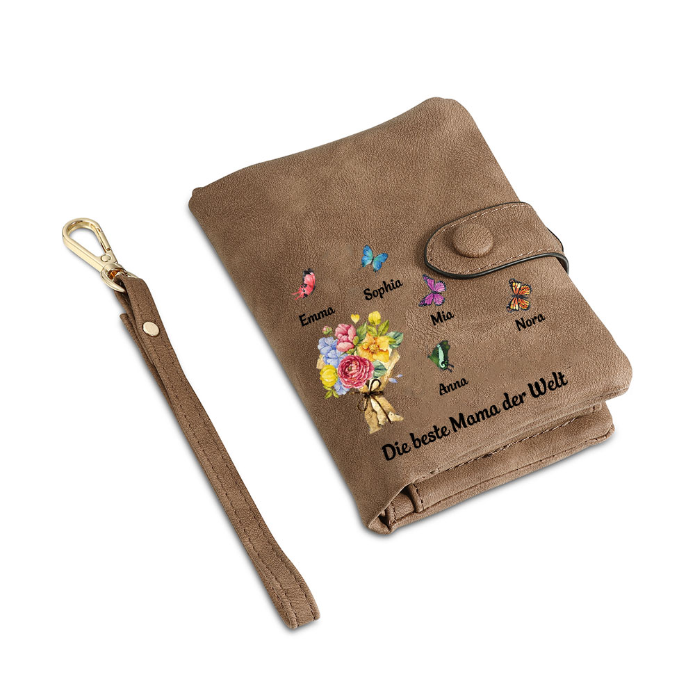 Damen Personalisierte 1-6 Namen & Text Blumen & Schmetterling PU Leder Geldbörse für Mama