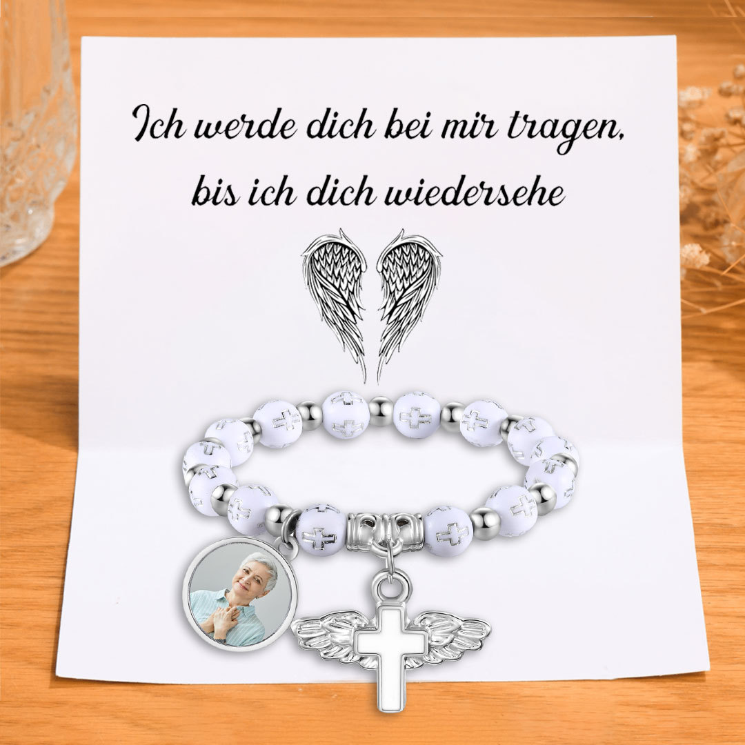 Personalisierbares Foto-Rosenkranzarmband mit Engelsflügel-Kreuz, Glaubensgeschenk zur Taufe, Konfirmation oder als Gedenkgeschenk für Mama, Oma oder Freund/Freundin | Kettenmachen