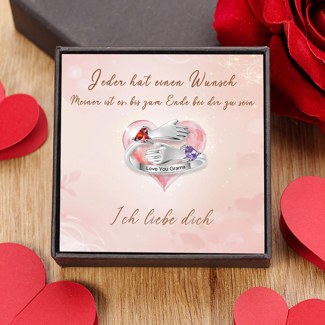 Personalisierter Umarmungshände-Ring, offener Ring mit 2 Wunschgeburtssteinen für sie