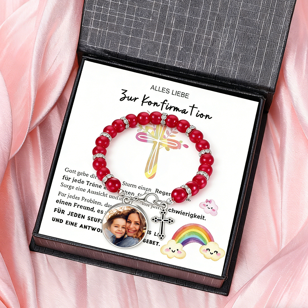 Personalisierbares Foto‑Perlenarmband mit Kreuz – Geschenk zur Konfirmation für Mädchen inkl. Segenskarte & Box