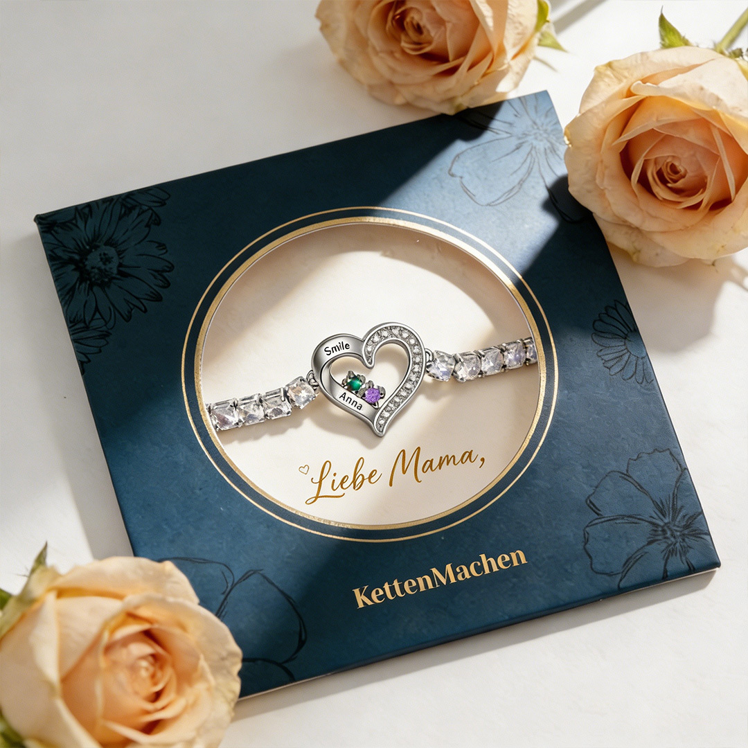 Personalisierbares Tennisarmband mit 2-4 Namen, Herz und Geburtssteinen