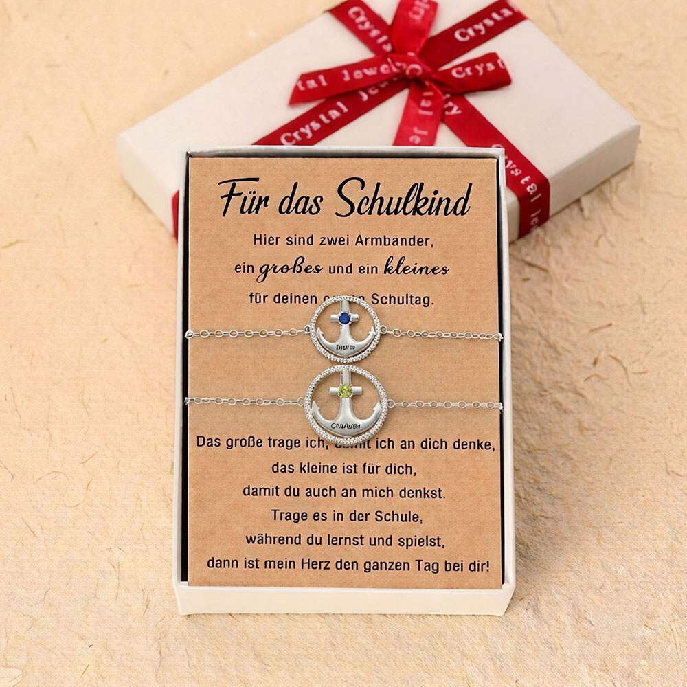 Für das Schulkind – Mama‑&‑Kind Armband‑Set mit Anker, Geburtsstein und Namen – 925 Silber