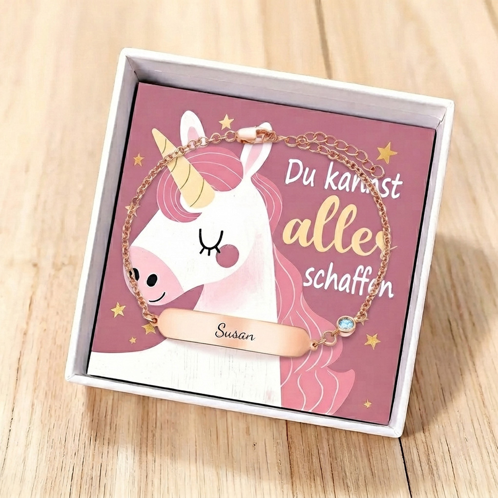 Einhorn-Armband mit Namensgravur Geburtsstein Personalisiertes Kinderarmband Geschenkbox Du kannst alles schaffen