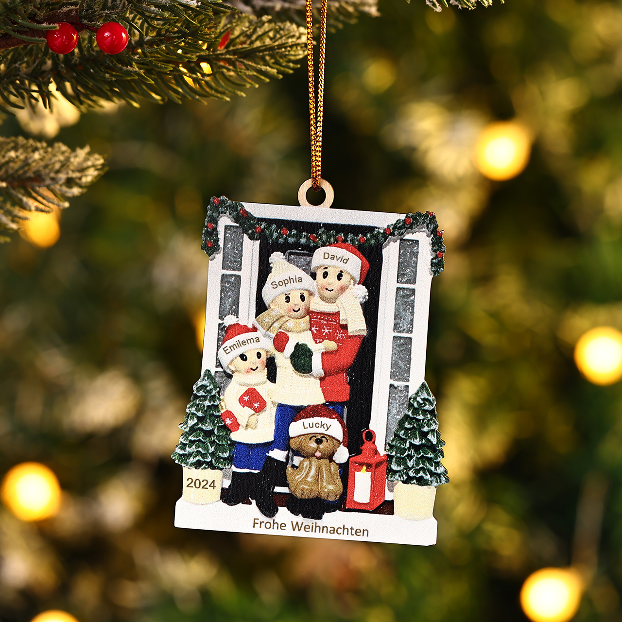 Holz Weihnachtsornament-Personalisierte 2-6 Namen & Text & Jahr Familie & Haustier Hund vor weihnachtlich geschmückter Haustür Weihnachts-Anhänger