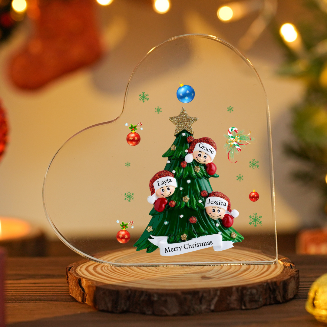 Personalisierte 2-8 Namen & Text Herz-Acryl-Deko – Weihnachtsbaum-Schreibtischdekoration für Familie