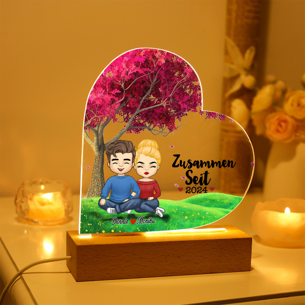 Personalisierte 2 Namen & 1 Text LED Nachtlicht – Herzform Acryl Nachtlampe mit Holzsockel für Familie
