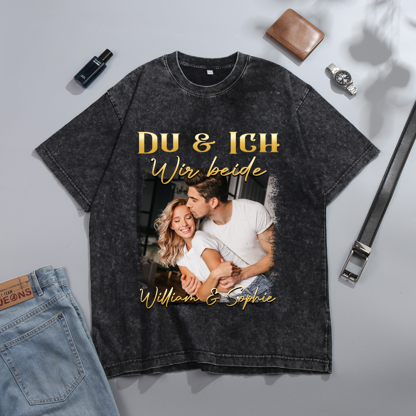 Personalisierte 2 Namen & Foto Liebespaar Schwarz Partner T-Shirts Zeige deine Liebe mit Stil