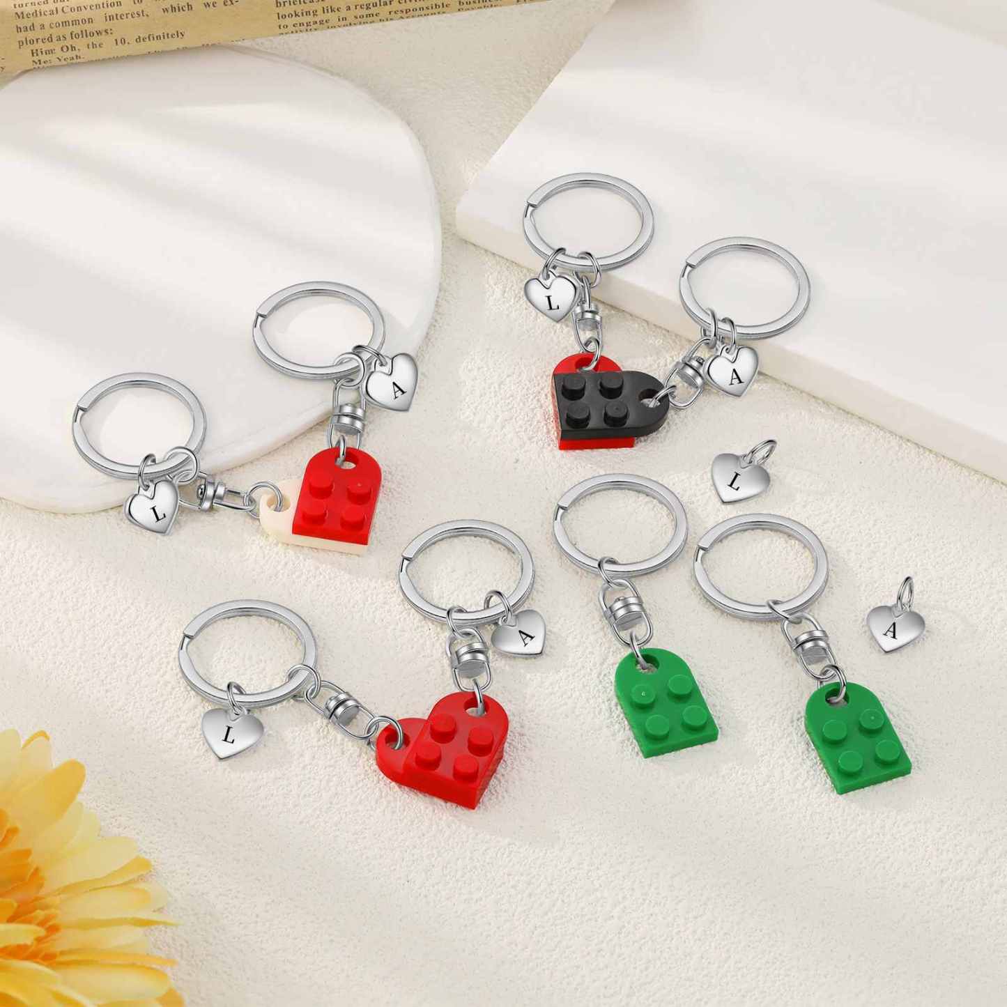 Personalisierbare 2 Buchstaben Herz Bausteine Paar Metall-Schlüsselanhänger