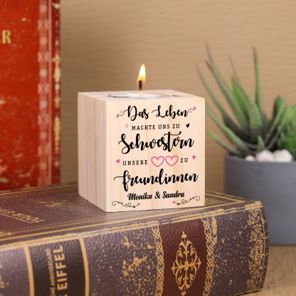 Holz Kompliment Kerzenhalter 1 bedruckte Seite Personalisierter Text-Unsere Herzen machen uns zu Freundinnen-Geschenk für Schwester