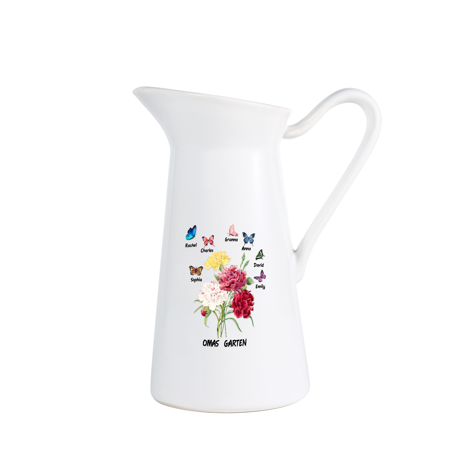 Personalisierte 7 Namen & Text Blumen & Schmetterling Gießvase mit Henkel Familie Vase