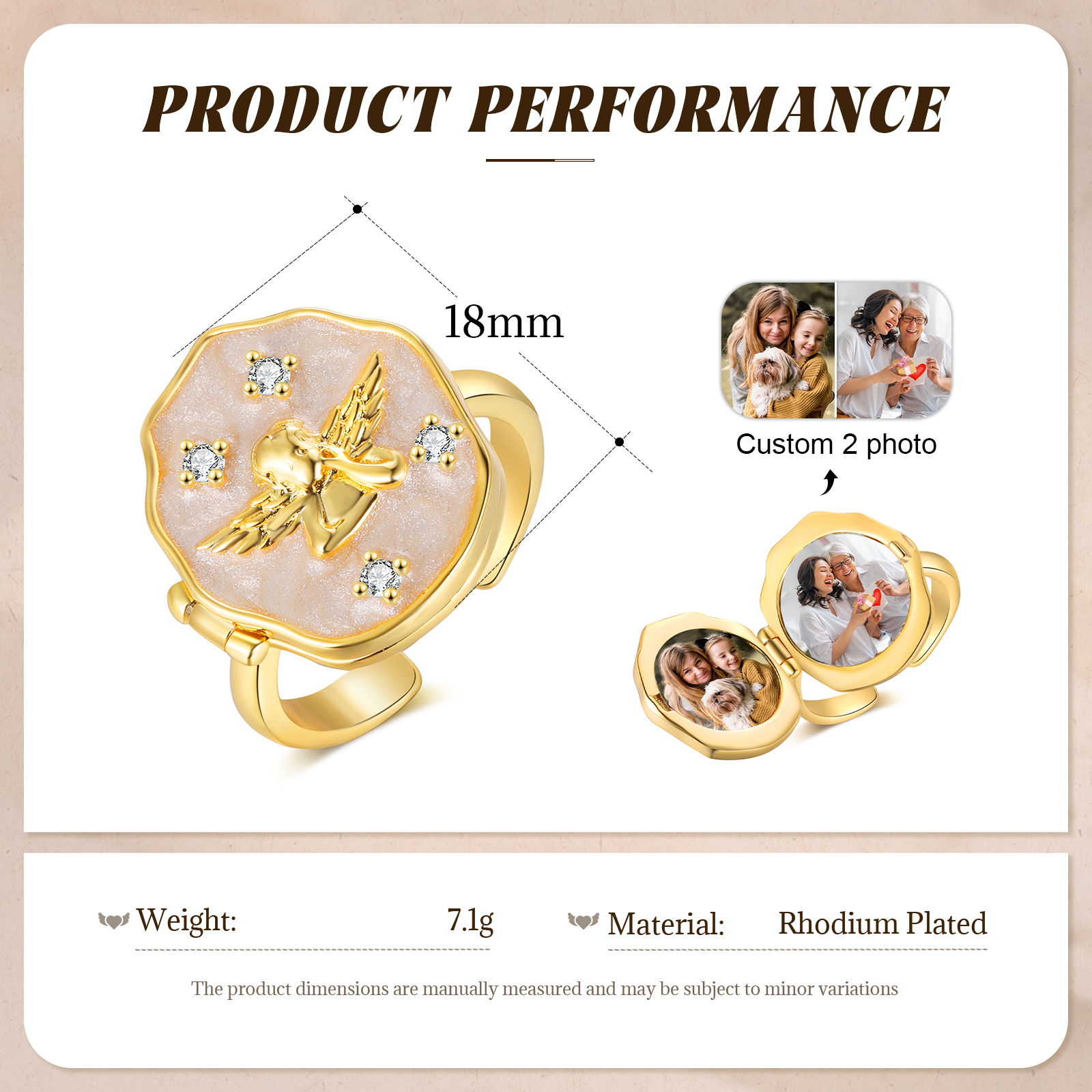 Personalisierter Medaillon-Ring mit Engel-Relief und 2 Fotos