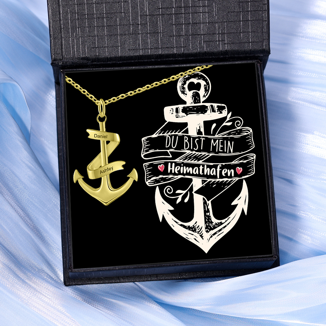 925 Sterling Silber Personalisierte 2 Namen Anker Halskette-Du bist mein Heimathafen-Geschenk mit Nachrichtenkarte