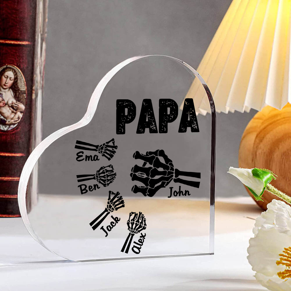 Personalisierte 5 Namen Acryl-Deko Papa Skelett Hand Schreibtischdekoration für Vater
