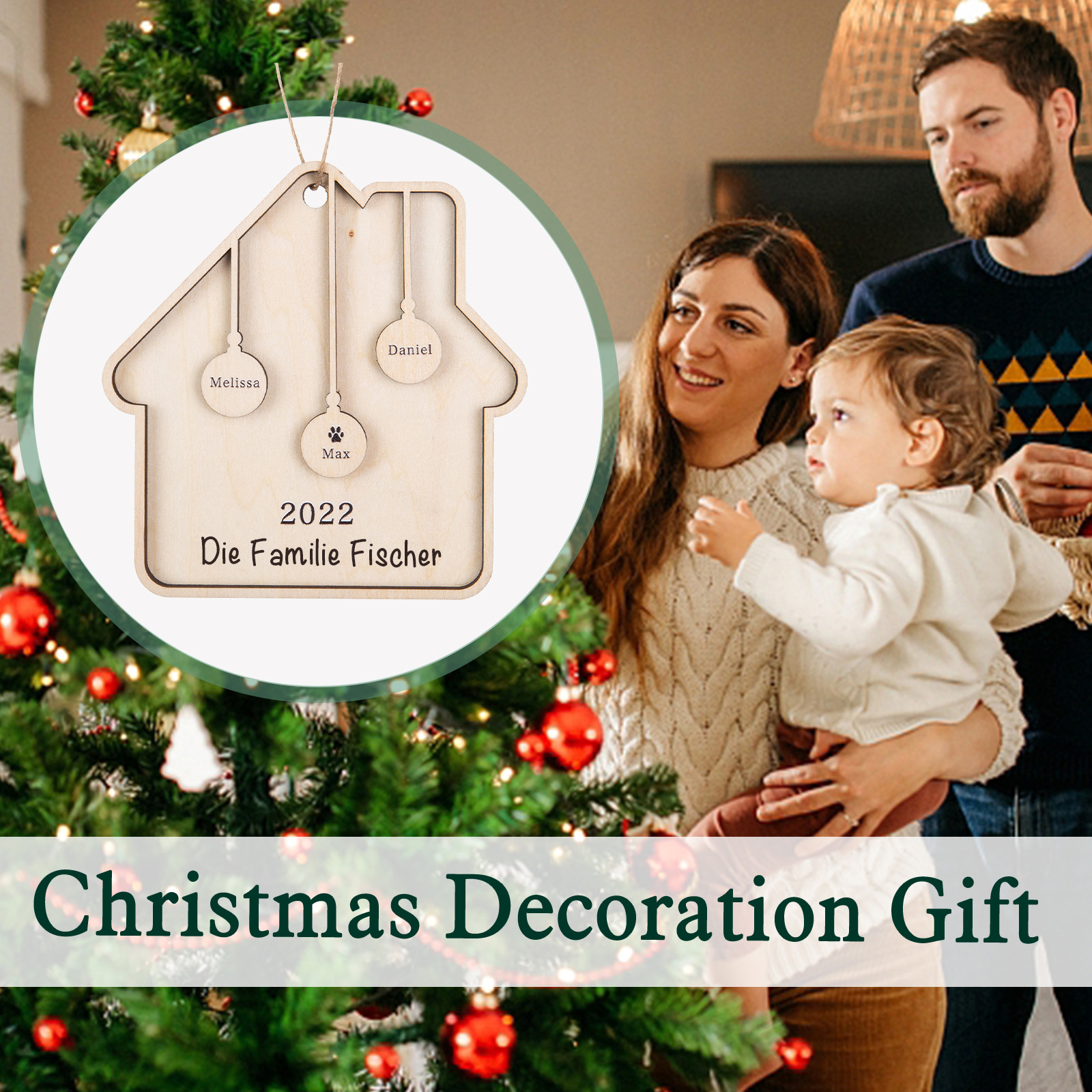 Holz Weihnachtsornament-Personalisiertes 3 Namen Text Jahr Haus Ornament Anhänger 