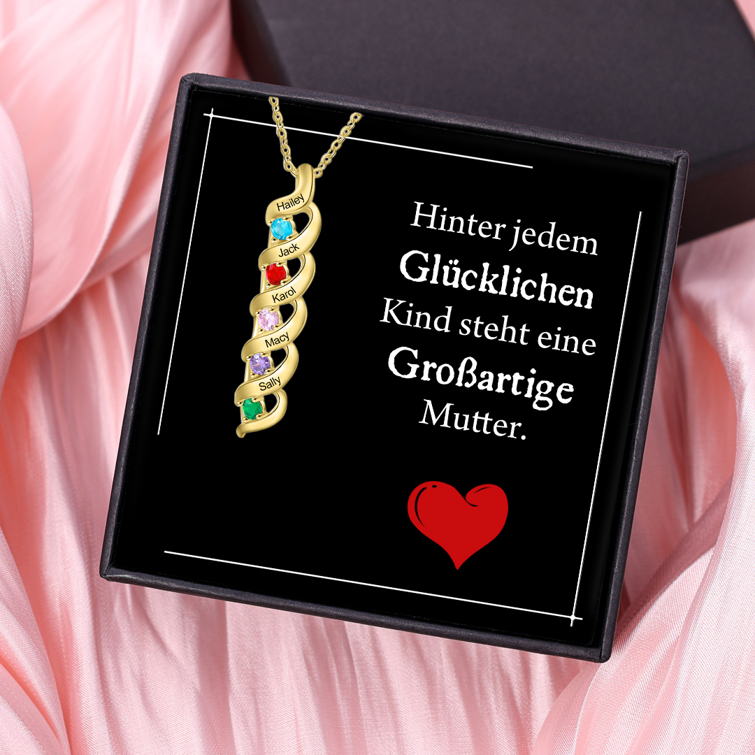 Personalisierte 5 Namen & Geburtssteine DNA Halskette-Geschenk mit Nachrichtenkarte
