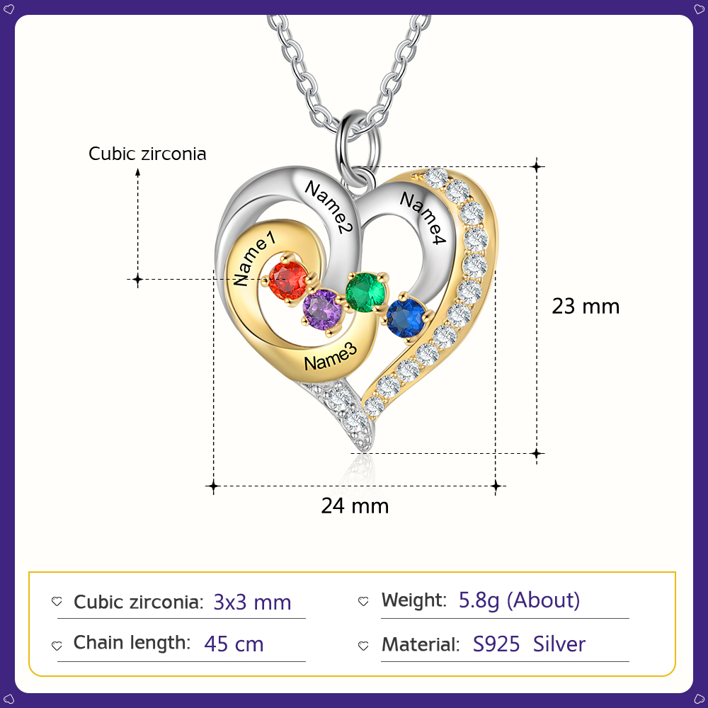 S925 Silber Gravur 4 Namen Herz Halskette mit 4 Geburtssteinen
