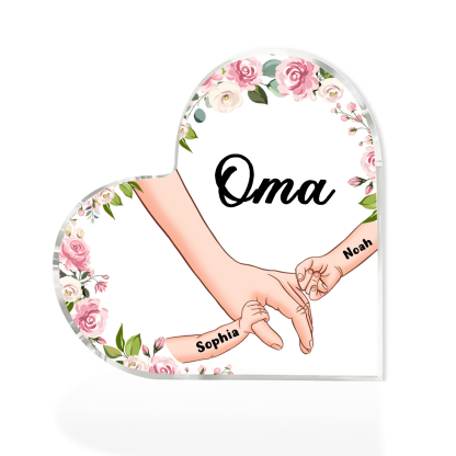 Personalisierte 2 Namen & Text Hand in Hand Acryl-Deko-Schreibtischdekoration für Großmutter
