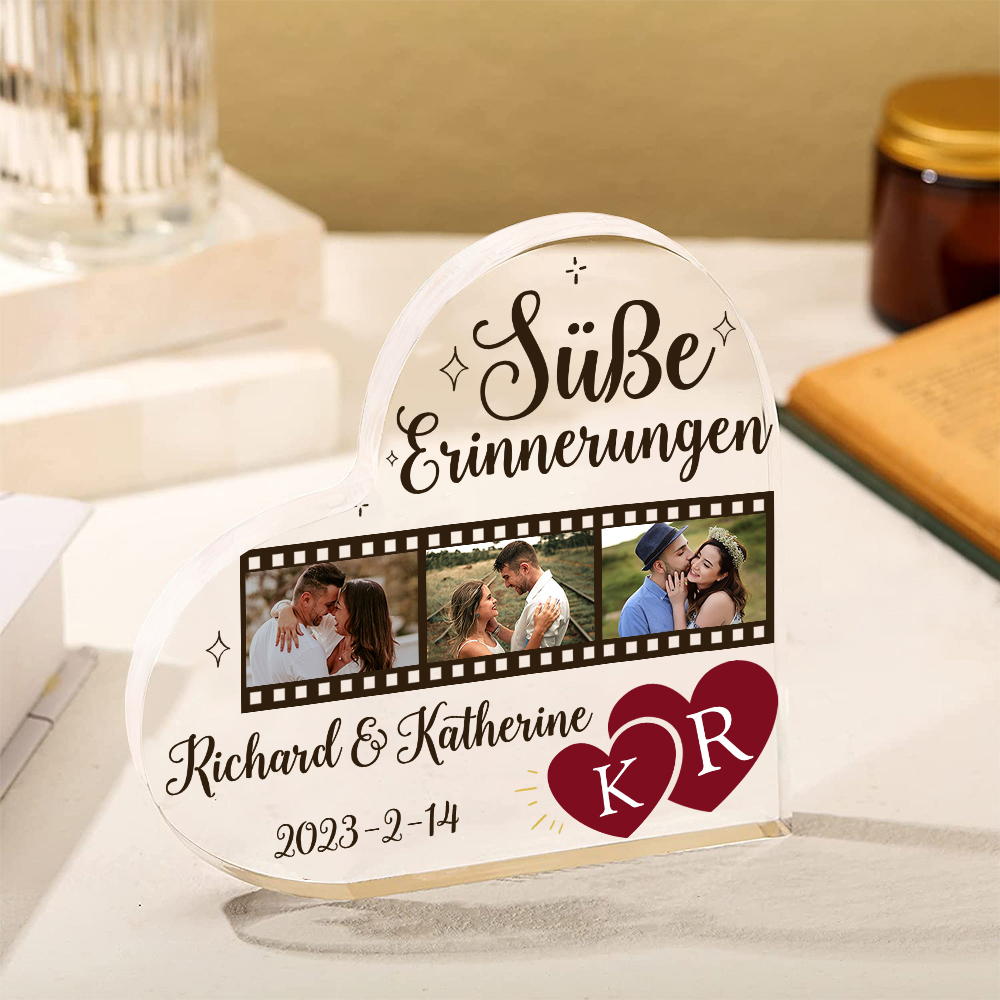 Personalisierte 3 Fotos & 2 Namen & 2 Buchstaben & Datum Acryl-Deko-Süße Erinnerungen-Schreibtischdekoration für Paar