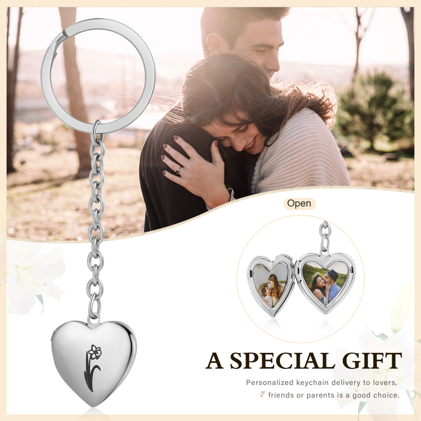 Personalisierte 2 Fotos & Geburtsblume Herz Schlüsselanhänger-Geburtsblume Serie 
