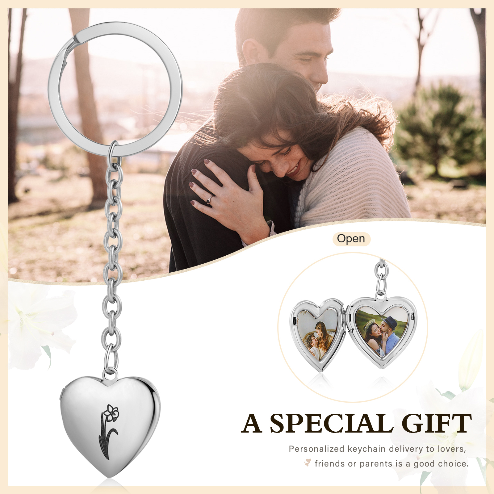 Personalisierte 2 Fotos & Geburtsblume Herz Schlüsselanhänger-Geburtsblume Serie 