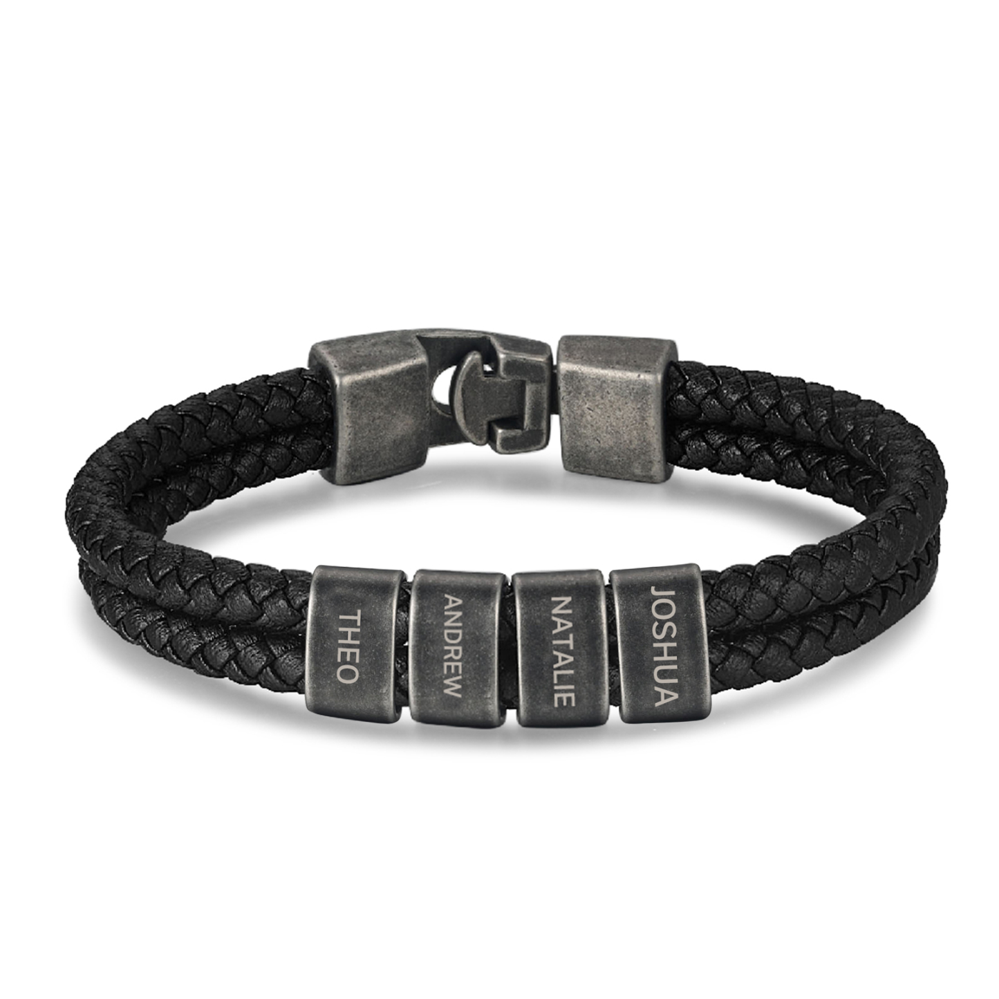 Personalisiertes Herren 4 Namen Leder Vintage Armband mit Edelstahl Perle
