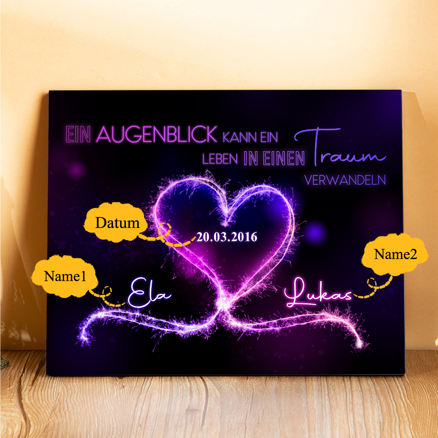 Pärchen Holzbild-Personalisierte 2 Namen & Datum-Augenblick kann ein Leben in einen Traum verwandeln-Holzdekoration-für Paare