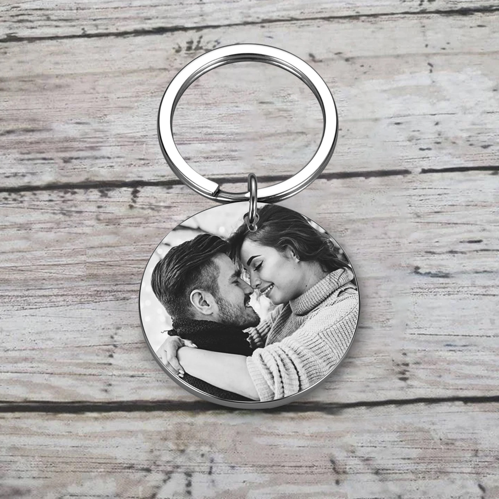 Personalisierbares Foto Rund Metall-Fahr vorsichtig. Ich brauche dich hier bei mir-Schlüsselanhänger für Paare