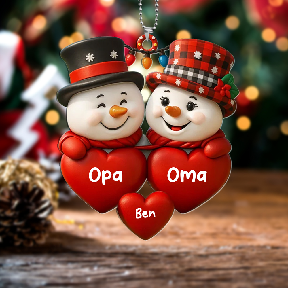 Personalisiertes Schneemann-Ornament mit Gnom für den Weihnachtsbaum – Opa & Oma – mit Namen der Enkel, Geschenk für Großeltern