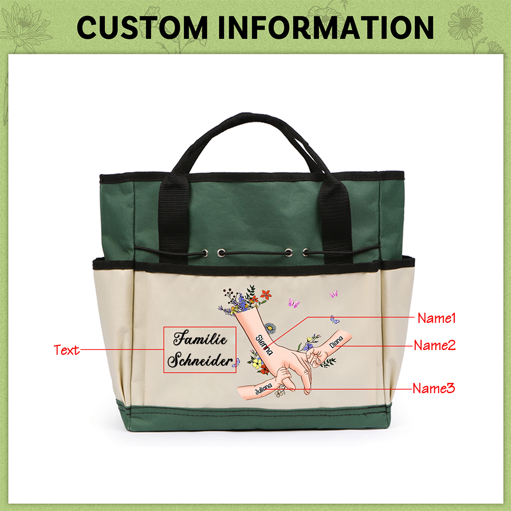Personalisierte 2-8 Namen & Text Gartentasche Blume Hand in Hand Familie große kapazität Gartentasche für Gartenwerkzeug nähen