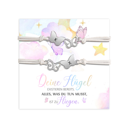 Personalisierte 2 Buchstaben Schmetterling Armbänder Set mit 2 Ketten Gummiband - Schulanfang Geschenk mit Karte