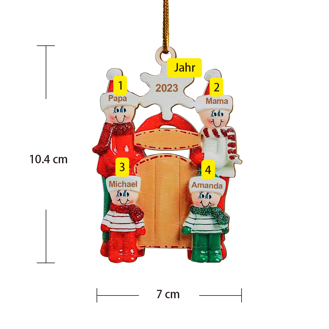 Holz Personalisierte 4 Namen & Text Familie vor der Tür Weihnachtsornament mit 4 Familienmitgliedern 