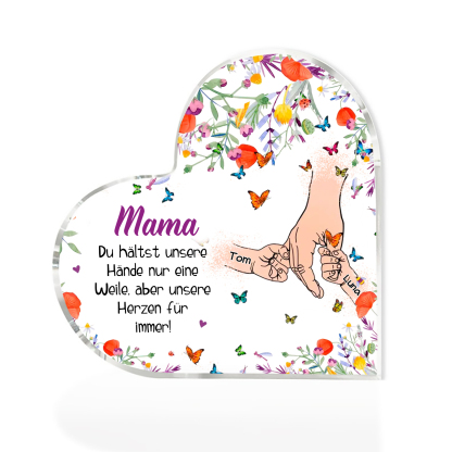 Personalisierte 2 Namen Herz Acryl-Deko -Mama Du hältst mein Hand nur eine Weile, aber unsere Herzen für immer- Schreibtischdekoration für Mutter