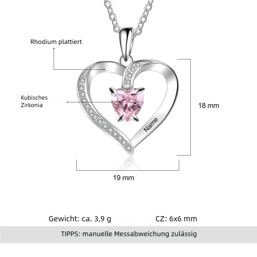 Personalisierte Herz Halskette mit 1 Name und 1 Geburtsstein