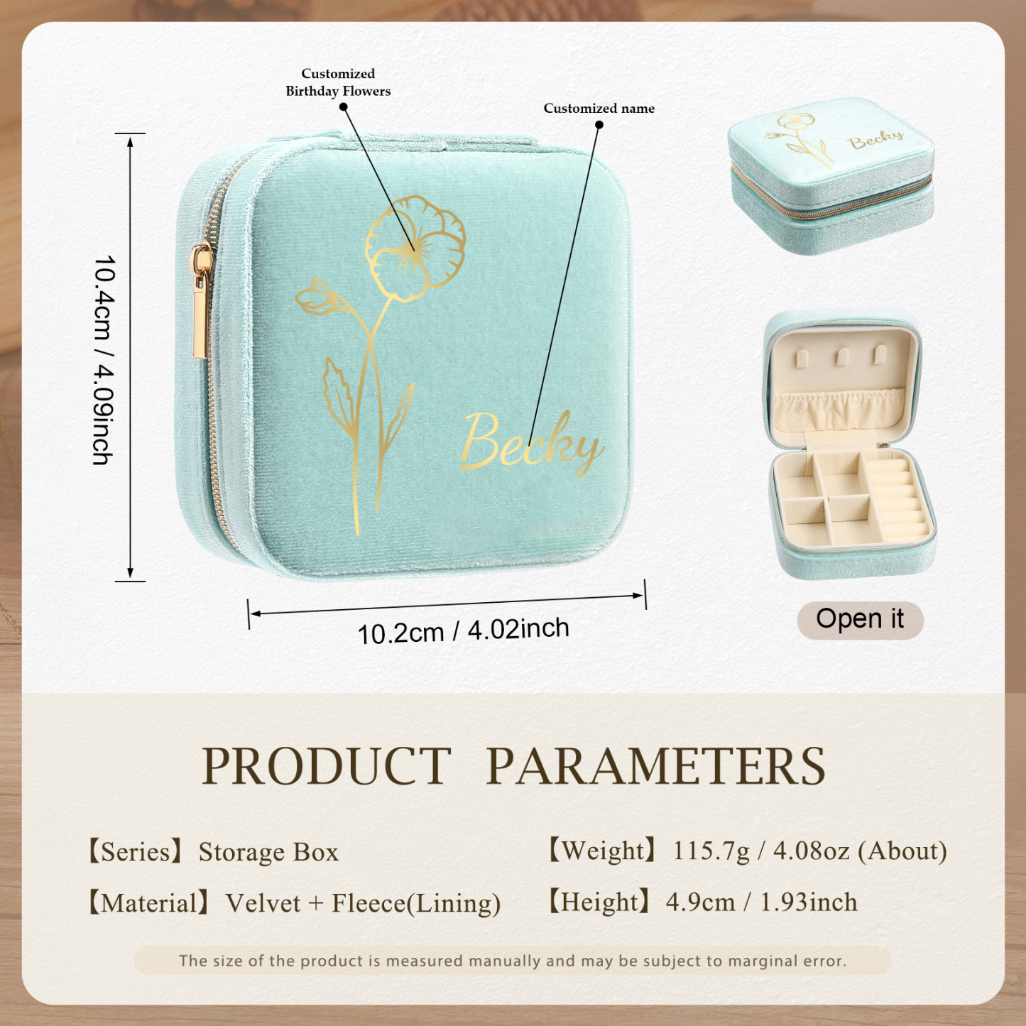 Personalisierbarer Name & Geburtsblume klein Velvet Schmuckaufbewahrung Schmuckzubehör Aufbewahrungsbox für Schmuck