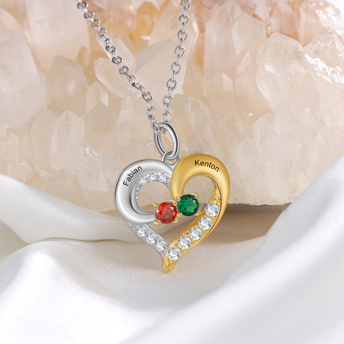 S925 Silber Gravur 2 Namen Herz Halskette mit 2 Geburtssteinen