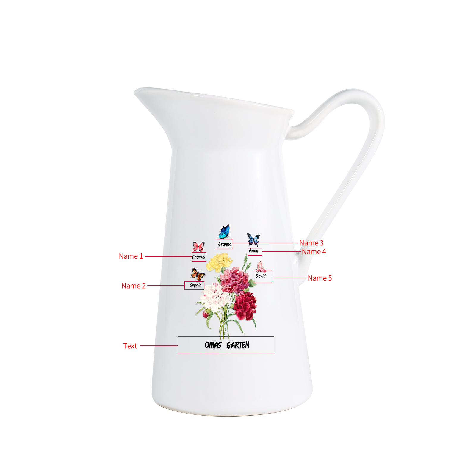 Personalisierte 5 Namen & Text Blumen & Schmetterling Gießvase mit Henkel Familie Vase