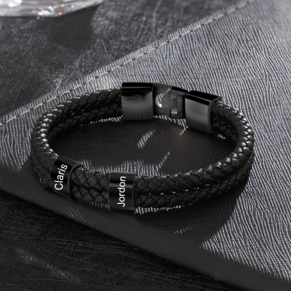 Herren Gravur 2 Namen Perlen Doppelt geflochtenes Lederarmband