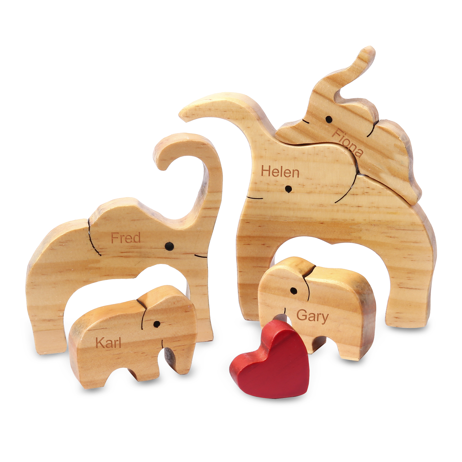 Holzskulptur-Personalisierte 5 Namen Elefanten Familien Holz Deko für Familie