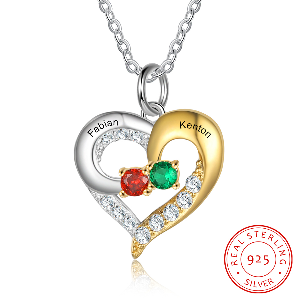 S925 Silber Gravur 2 Namen Herz Halskette mit 2 Geburtssteinen
