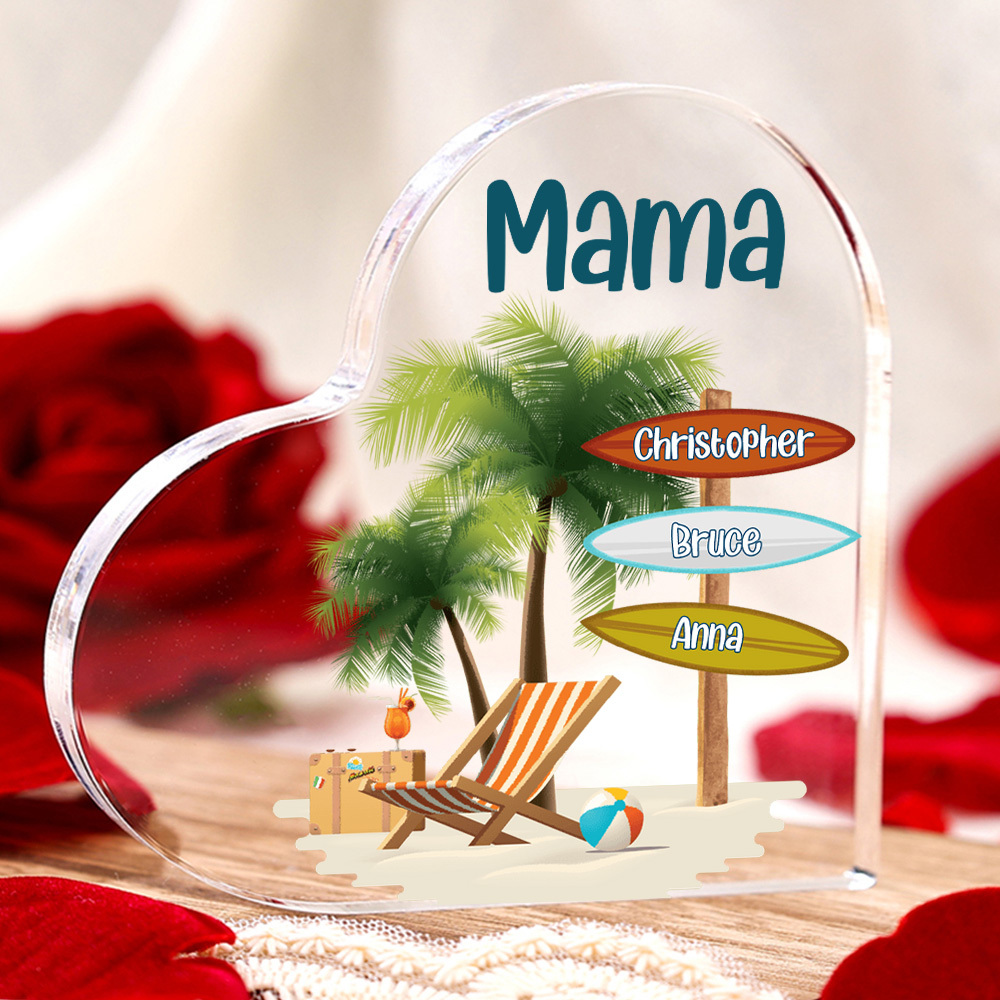 Personalisierte 3 Namen & Text Familie Strand Kokosnussbaum Acryl-Deko Schreibtischdekoration für Mutter