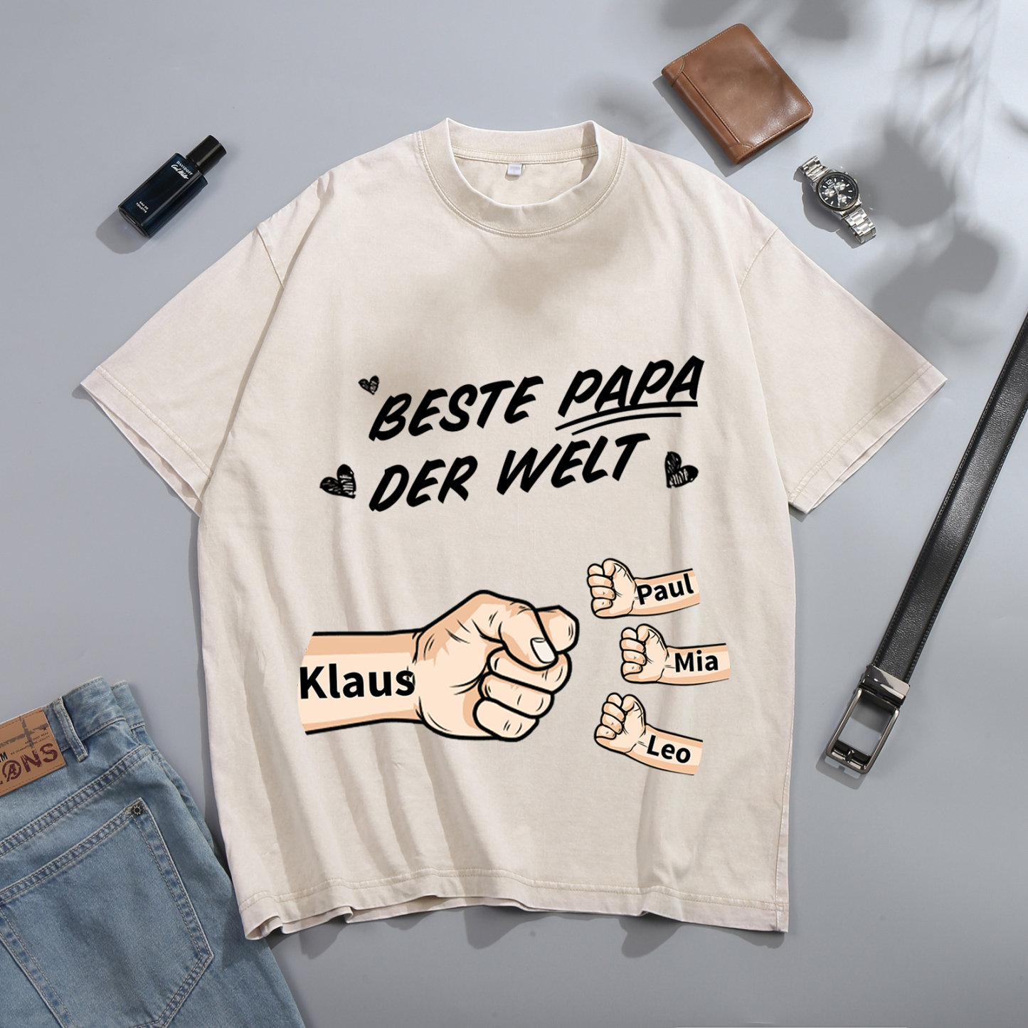Personalisierte 1-6 Namen Fauststoß Bester Papa der Welt Herren Familie T-Shirt