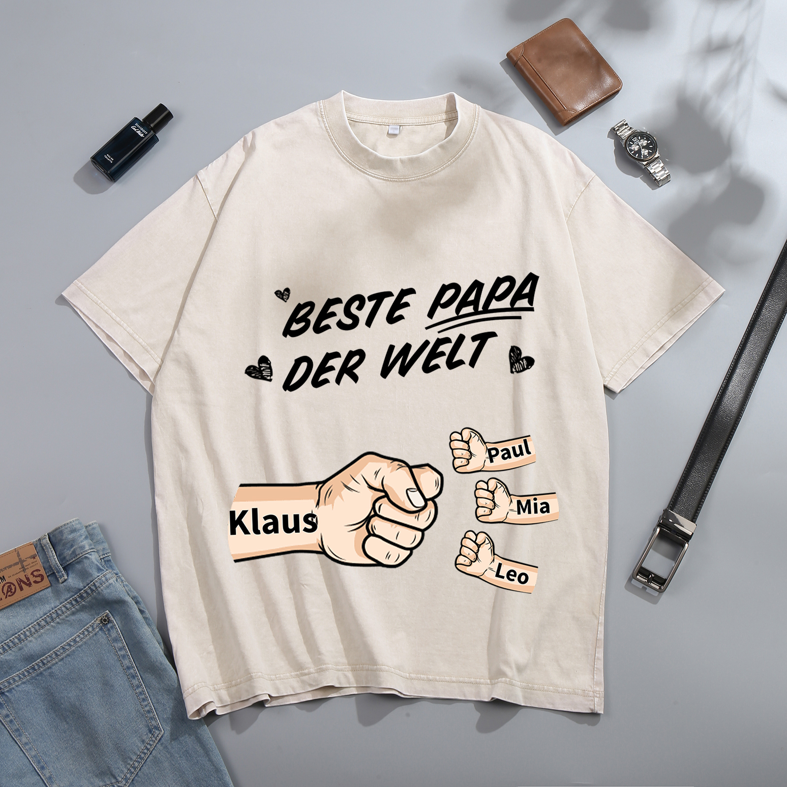 Personalisierte 1-6 Namen Fauststoß Bester Papa der Welt Herren Familie T-Shirt