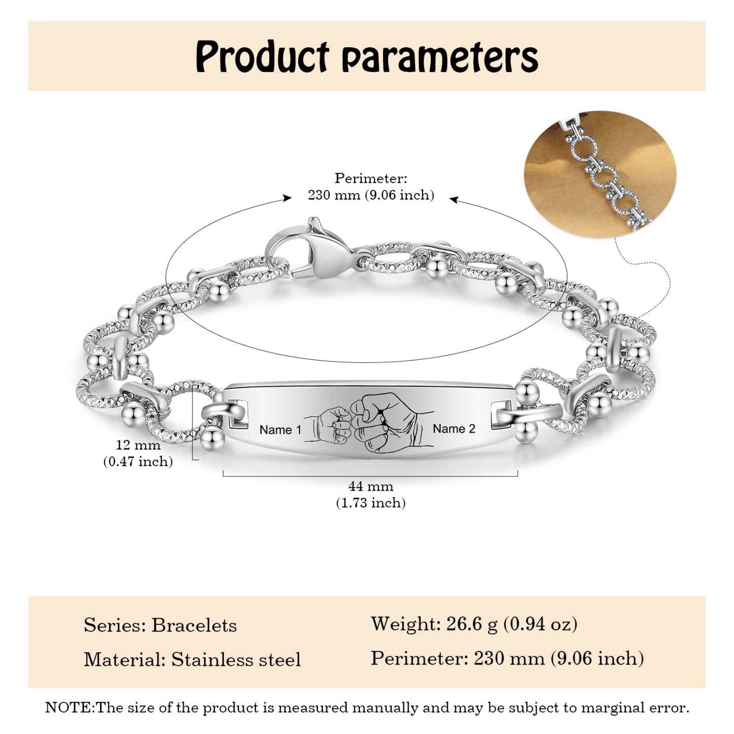 Herren Armband-Personalisiertes 2 Namen Faust Edelstahl Armband 