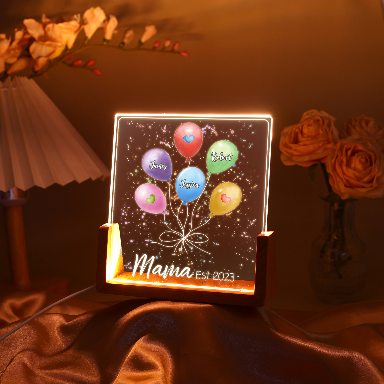 Personalisierte 3 Namen & Text & Datum Ballon Nachtlicht Geschenk für Großmutter/Mutter zum Muttertag